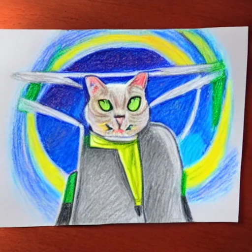 Image similar to An oil pastel drawing of an annoyed cat in a spaceship