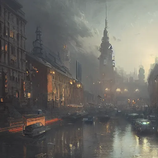 Prompt: highly detailed painting of dieselpunk stockholm, by greg rutkowski, 4 k resolution