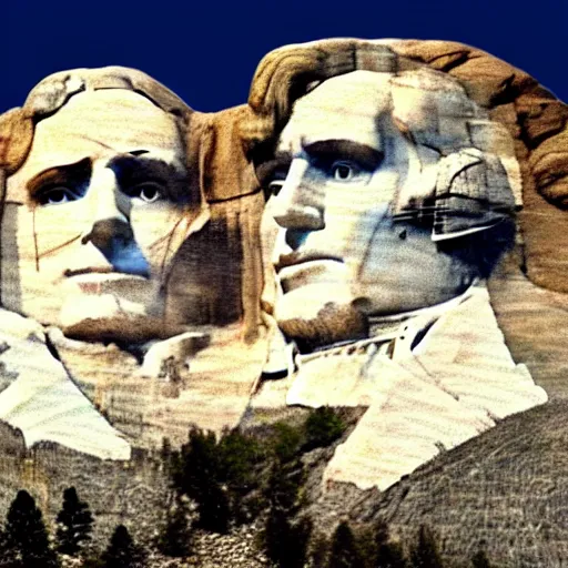 Image similar to a photo of mount rushmore after donald trump's face had been added. the photo clearly depicts the facial features of donald trump, at a slightly elevated level, depicting his particular hair style carved into the stone at the mountain top, centered, balances, regal, pensive, powerful, just