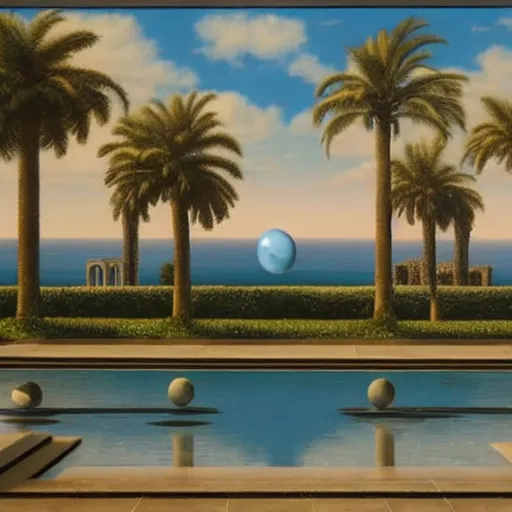 Prompt: David Ligare masterpiece, gold rings, hyperrealistic surrealism, award winning masterpiece with incredible details, beautiful lighting, pool caustics, illuminated orbs, epic stunning, infinity pool, a surreal vaporwave liminal space, highly detailed, trending on ArtStation, broken giant marble head statue ruins, calming, meditative, geometric liminal space, palm trees, very vaporwave, very very surreal, sharp details