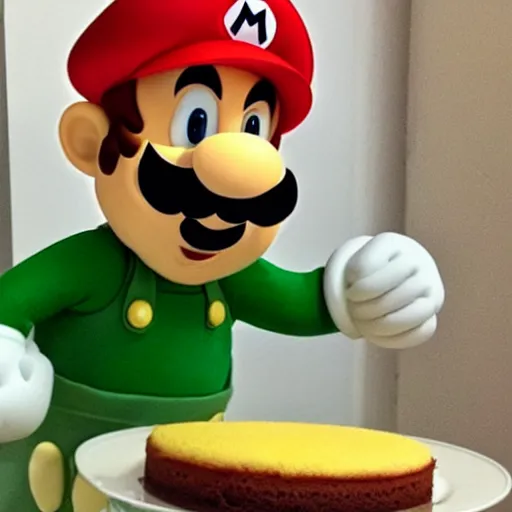 Image similar to Mario eating a cake shaped like Luigi