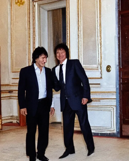 Image similar to sixty years old viktor tsoi with joyful look in a business suit shaking hands with vladimir putin in kremlin, mscow, color photo, mid shot photo, digital photo, 4 k