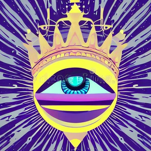 Prompt: a glowing crown sitting on a table with one beautiful eye mounted on it like a jewel, night time, vast cosmos, geometric light rays, bold black lines, flat colors, minimal psychedelic edgy 2 0 0 0 s poster illustration