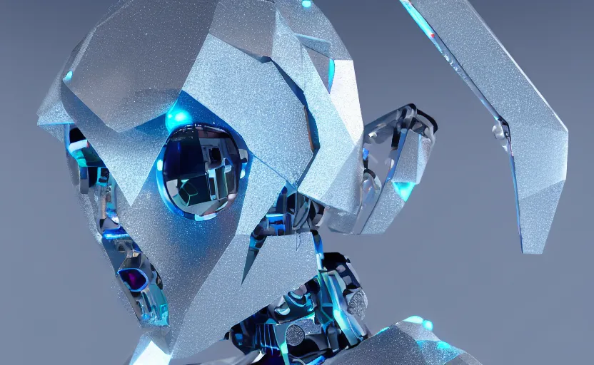 Image similar to young female agi in her 20s made out of low poly, kevlar, octa core, watercooled plates with crystal elements as a power source with an arctic-based, geometric backdrop; led, robotic, abstract, front profile shot, cycles render, 4k