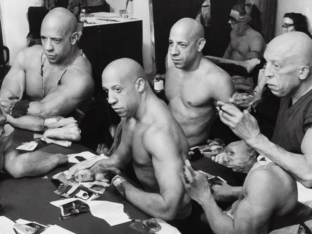 Prompt: Photograph of Vin Diesel and Pablo Picasso playing D&D together