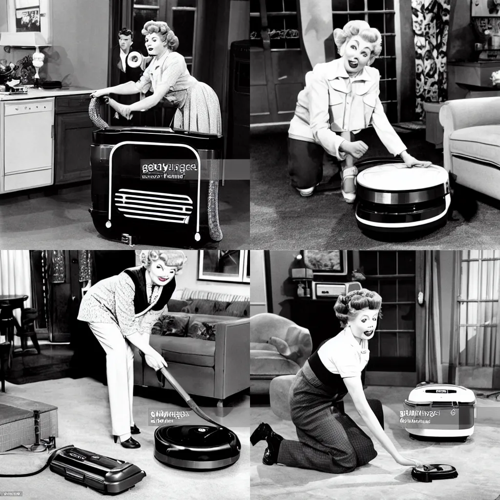 Prompt: Lucille Ball plugging in a roomba vacuum cleaner on the set of i love lucy