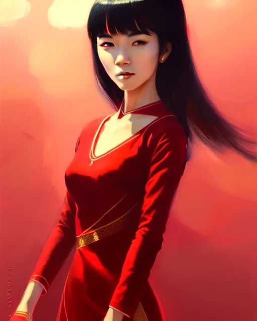 Image similar to a ultradetailed beautiful panting of a asian female wearing red ao dai and futuristic eye google, by ilya kuvshinov, greg rutkowski and makoto shinkai, trending on artstation