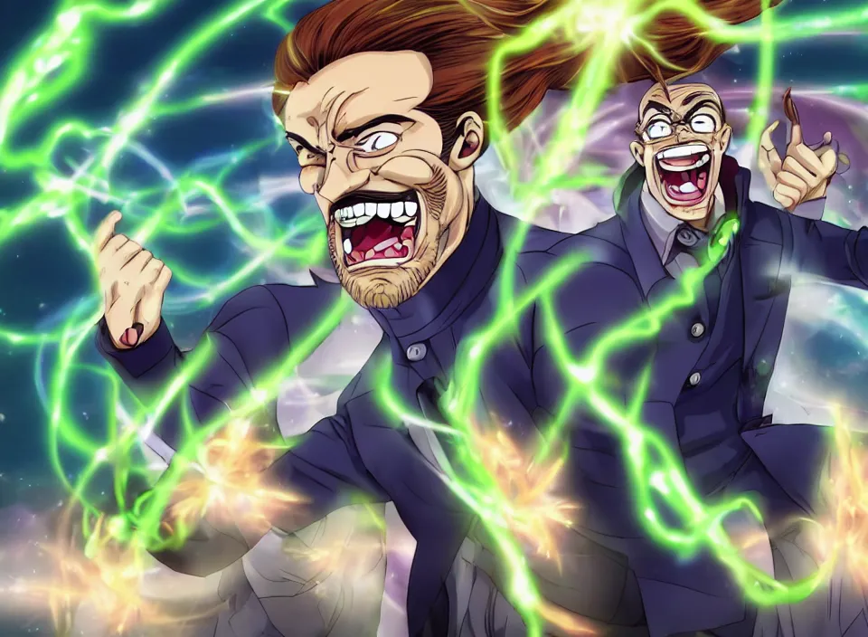 Prompt: In the style of JoJos Bizarre Adventure: Wide shot of a handsome bald italian scientist with brown eyes and a full beard wearing a labcoat laughing maniacally at his glowing sparking creation on the table. His pose stance is unnaturally wide as he tilts his head looking directly at the camera with piercing eyes and flowing blue green aura emanates from his body, ultra high resolution, intricate details