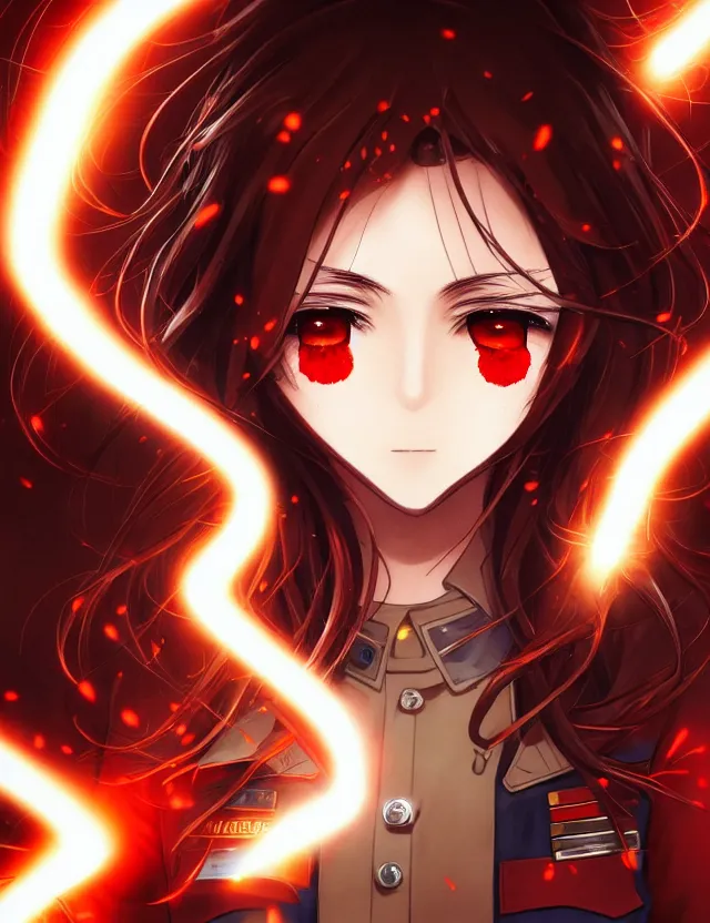 Image similar to a detailed manga portrait of a beautiful brown haired woman in a military uniform glowing with swirling red energy, trending on artstation, digital art, 4 k resolution, detailed, high quality, sharp focus, hq artwork, coherent, insane detail, character portrait