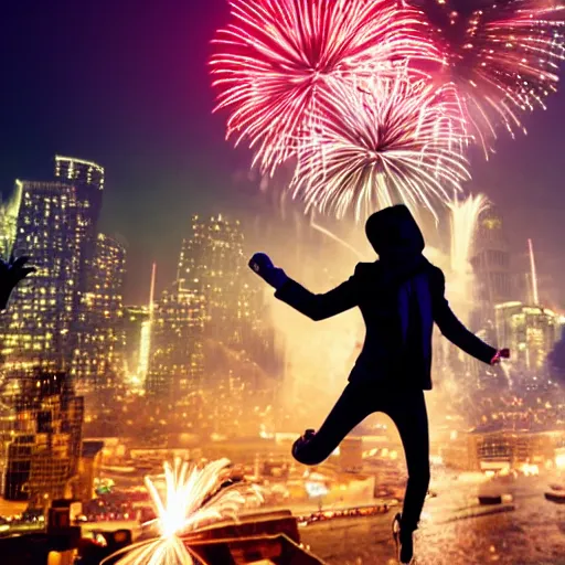 Prompt: visually striking character jumping between rooftops in a cool fashion during new years fireworks