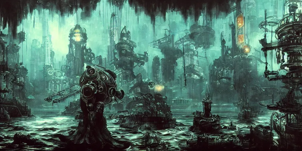 Image similar to concept art of a underwater city, bioshock style, rapture, dark atmosphere, hanafuda oil on canvas by ivan shishkin, james jean and yoji shinkawa