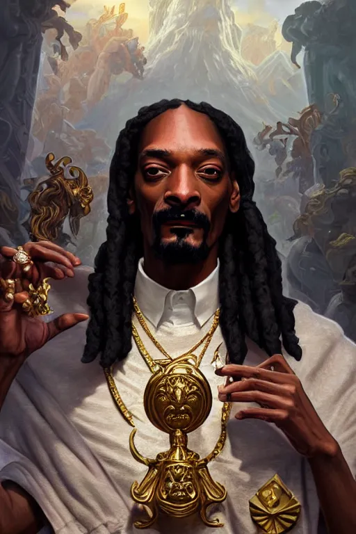 Prompt: snoop dogg as a greek god, closeup, d & d, fantasy, intricate, elegant, highly detailed, digital painting, artstation, concept art, matte, sharp focus, illustration, hearthstone, art by artgerm and greg rutkowski and alphonse mucha