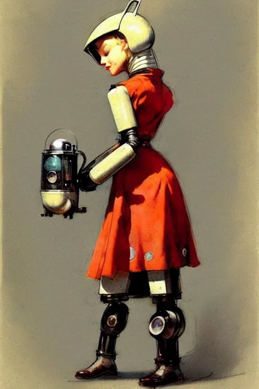 Prompt: adventurer ( ( ( ( ( 1 9 5 0 s retro future android robot maid. muted colors. ) ) ) ) ) by jean baptiste monge!!!!!!!!!!!!!!!!!!!!!!!!! chrome red