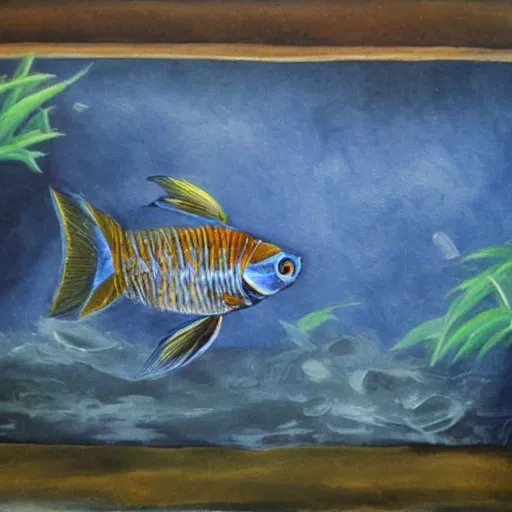 Prompt: dark blue beta fish swimming in a fish tank oil painting