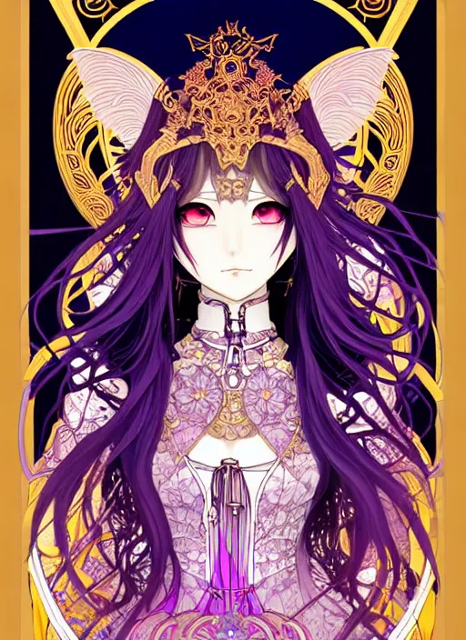 Prompt: highly detailed terada katsuya legend of the cryptids atrstation manga poster of princess mechine, anotherwanderer, rainbow gradient reflection, cute face by artgerm, art nouveau, long hair, armor, dress, laces, ruffles, 8 k, maximalist, golden ratio, alphonse mucha