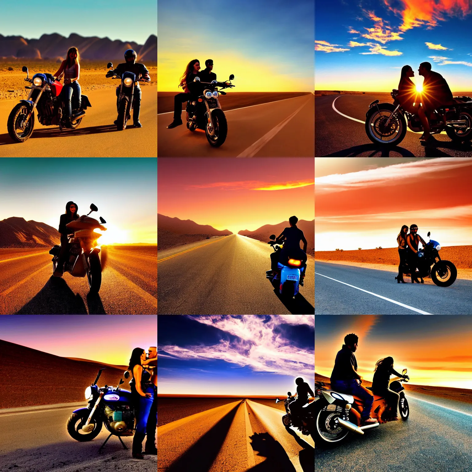 Prompt: hd wallpaper, romantic couple on motorbike, road california desert, sunset, blue sky, award winning photo