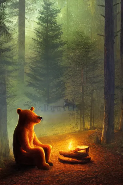 Prompt: Little house in gloomy woods with a bear sat on a log at a fire with a man with a lantern approaching it. Oil painting. Ultra HD. Sharp. Beautiful woods. Volumetric lighting. Ambient.