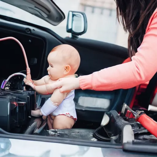 Prompt: baby pumping gasoline into a car