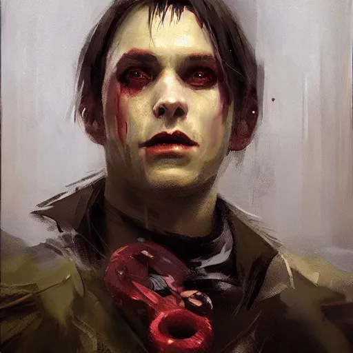 Image similar to an oil art portrait of young vampire mage with blood magic in style of disco elysium character, dark paladin character design from d & d, art by anders zorn, wonderful masterpiece by greg rutkowski, beautiful cinematic light, american romanticism by greg manchess, jessica rossier