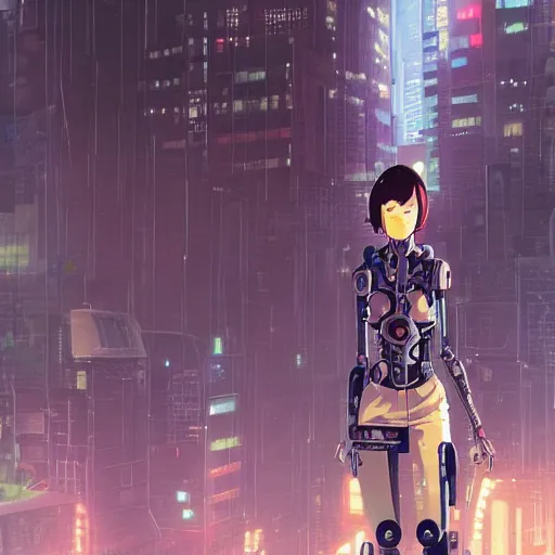 Prompt: mechanical android cyborg in crowded urban dystopia raining makoto shinkai