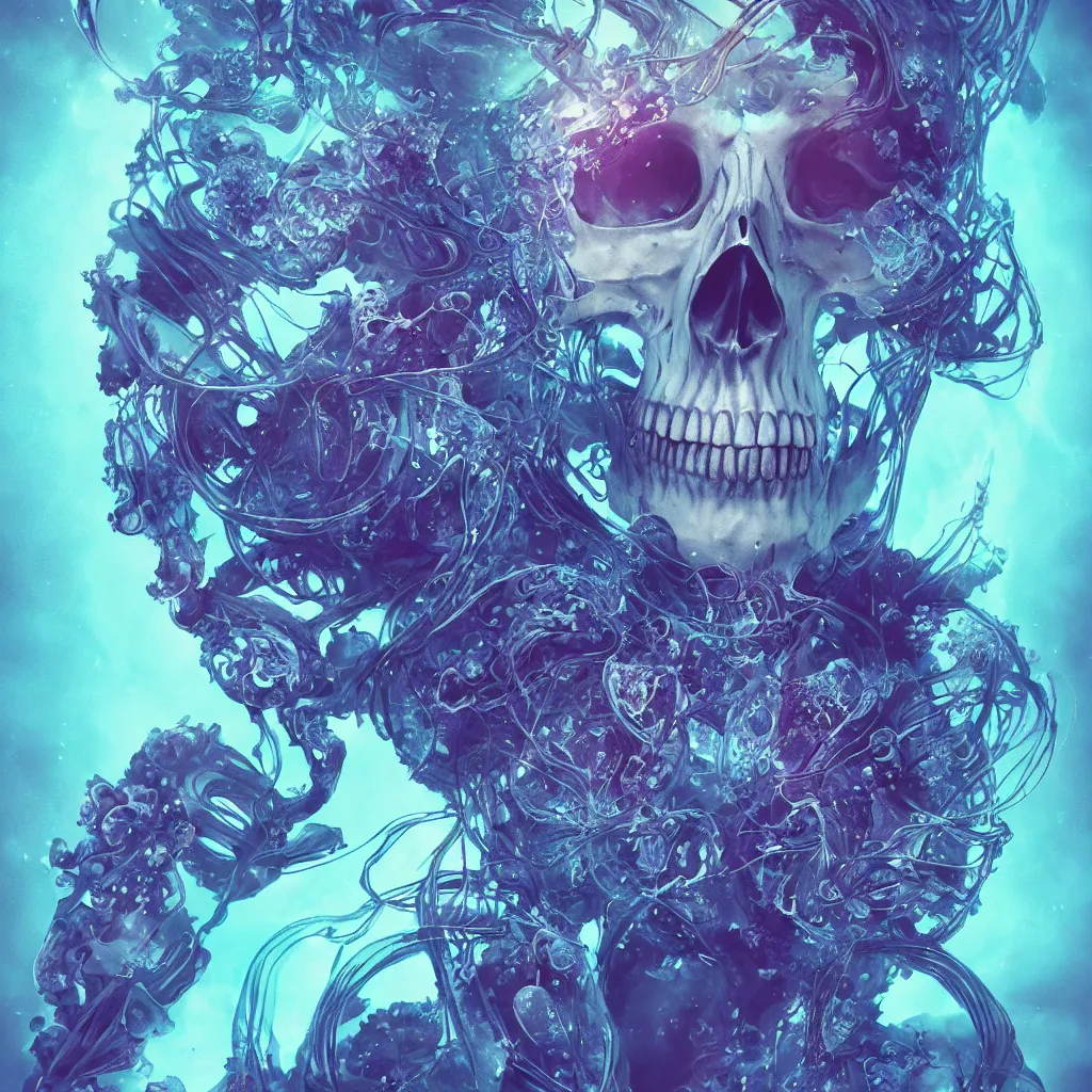 Image similar to close-up portrait goddess skull, thorax, x-ray, backbone, jellyfish phoenix head, nautilus, orchid, betta fish, bioluminiscent creatures, dark deep complex air bubbles in background, intricate artwork by Tooth Wu and wlop and beeple. octane render, trending on artstation, greg rutkowski very coherent symmetrical artwork. cinematic, black and white, contrasted, hyper realism, high detail, octane render, 8k