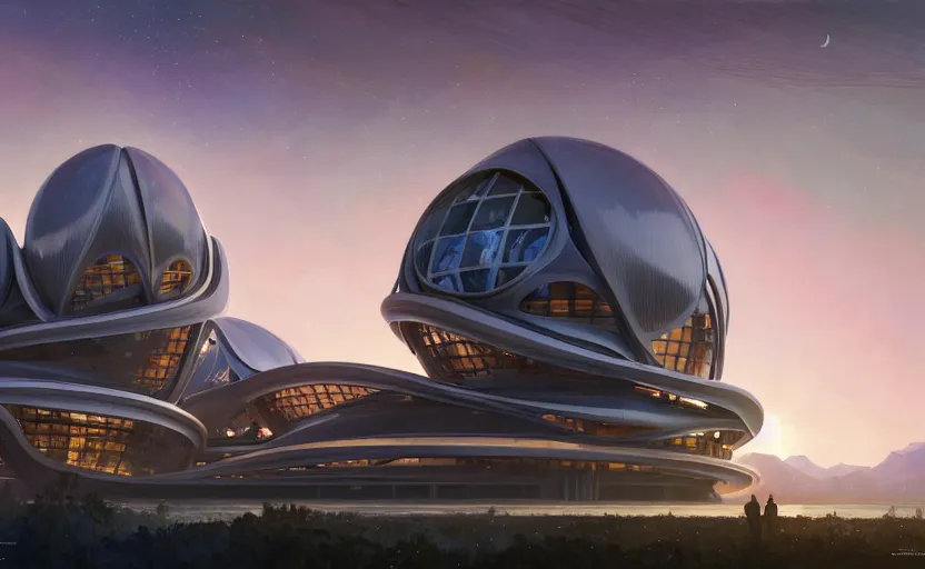 Image similar to exterior shot of utopian architecture building with cinematic lighting by zaha hadid and renzo piano, darek zabrocki and greg ruthkowski, alphonse mucha, simon stalenhag, cinematic, stars, beautiful, holy place, paradise, scifi, futurism, atmospheric, sunset, concept art, artstation, trending on artstation