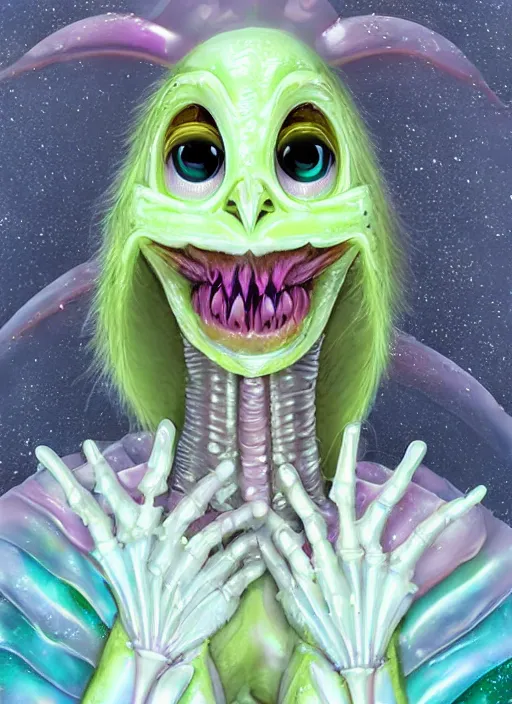 Prompt: plasticy kawaii portrait of a silly bashful squishy scifi saliva skeksis witch girl, painfully adorable, soft opalescent membranes, gushy gills and blush, translucent skin shows jejune skeletal details in front of inky black background, friendly, occult, gelatinous with wittle tiny teeth, artgerm, pixar