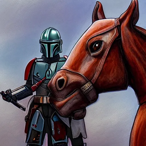 Image similar to a horse wearing mandalorian armour