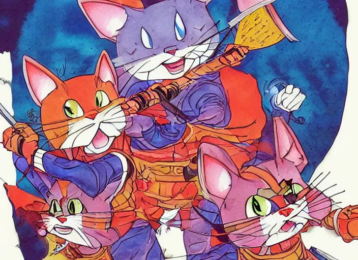 Image similar to samurai pizza cats, ink and watercolor illustration masterpiece, perfectly realistic yet surreal, by ryan ottley and mœbius