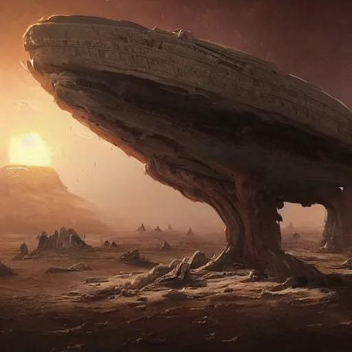 Image similar to An intact ancient alien ship, discovered half-buried in the Australian outback, detailed fantasy art by Greg Rutkowski