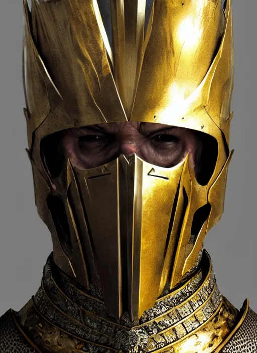 Image similar to a character concept of a skull headed knight with a skull hemet, wearing golden armor, hyper realistic, unreal, craig mullins, alex boyd, lord of the rings, game of thrones, dark souls, artstation, warhammer