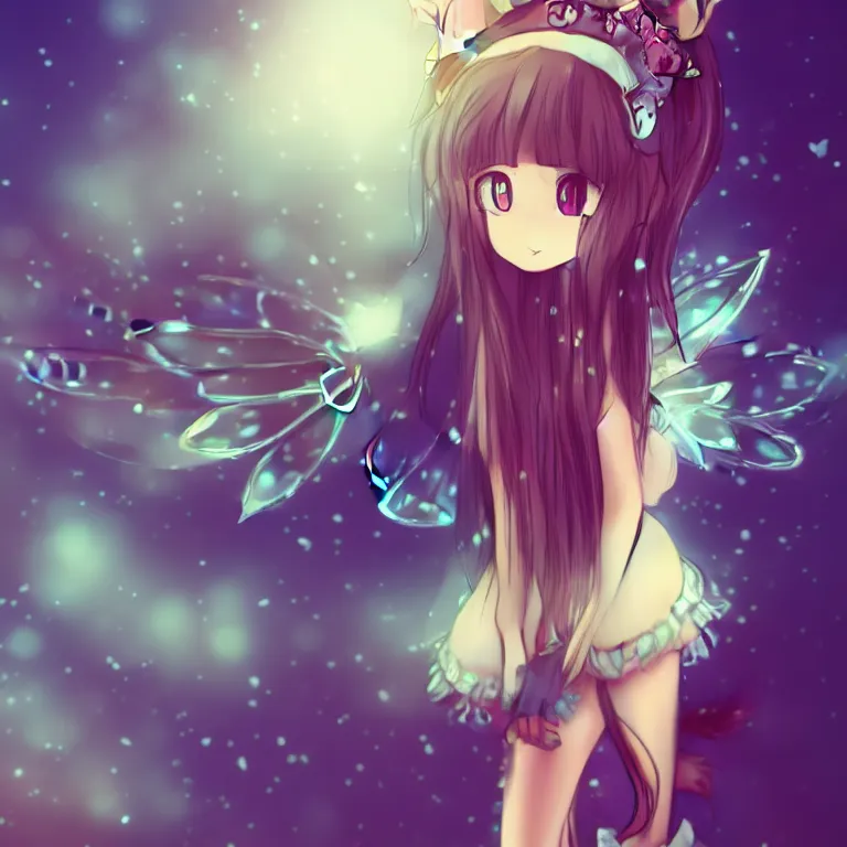 Image similar to cute, full body, female, anime style, a cat girl with fairy wings, large eyes, beautiful lighting, sharp focus, simple background, creative, heart effects, filters applied, illustration