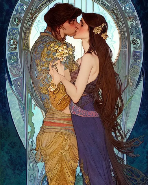 Image similar to the kiss | highly detailed | very intricate | art nouveau | gold filigree | romantic storybook fantasy | soft cinematic lighting | award - winning | disney watercolor illustration by mandy jurgens and alphonse mucha and alena aenami | pastel color palette | featured on artstation