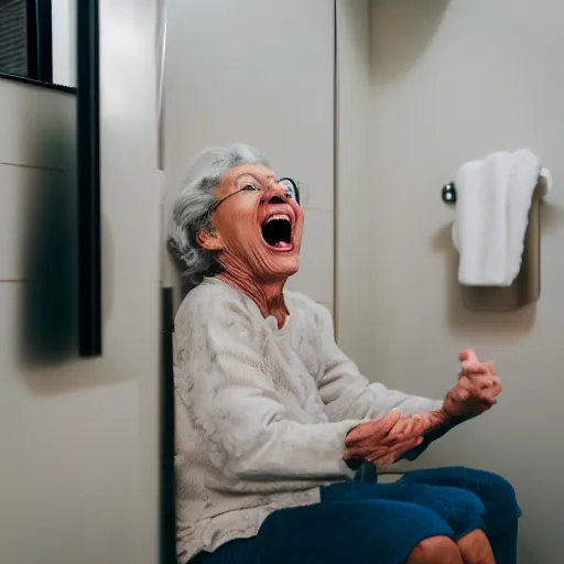 Image similar to elderly woman screaming at a toilet, canon eos r 3, f / 1. 4, iso 2 0 0, 1 / 1 6 0 s, 8 k, raw, unedited, symmetrical balance, wide angle