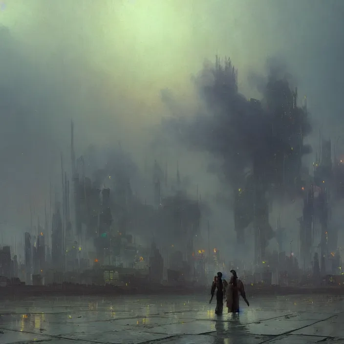 Image similar to a beautiful oil painting of a cyberpunk city on the wasteland by ivan aivazovsky and greg rutkowski and james gurney and frank lloyd and sung choi and monet, in style of impressionnisme. hyper detailed, sharp focus, soft light. unreal engine 5 lumen. ray tracing. trending on artstation. oil on canvas