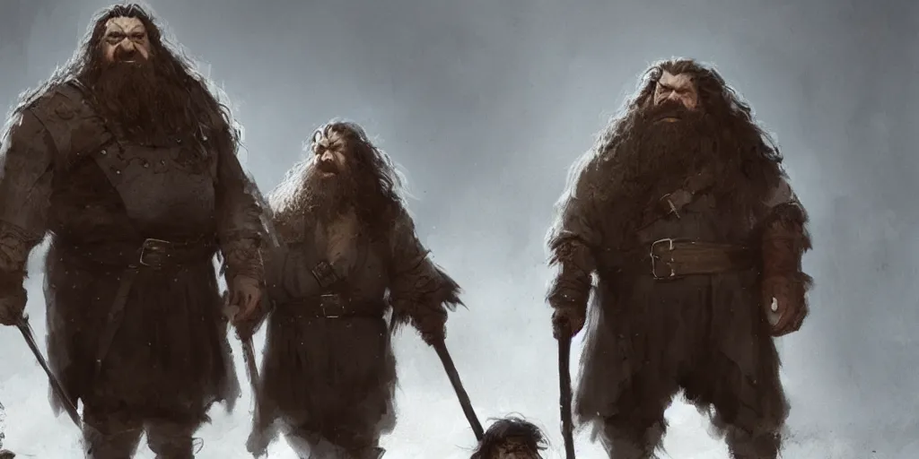 Image similar to gimli, hagrid, two people, dwarf, giant, character design, greg rutkowski