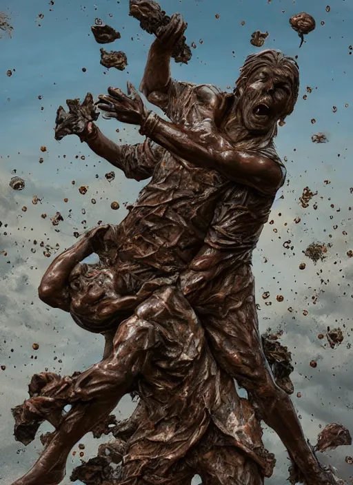 Image similar to An epic fantastic realism comic book style painting of a distressed bronze sculpture from the future by Stanislaw Szukalski, beautiful flowers raining down, fisheye lens, unreal 5, DAZ, hyperrealistic, octane render, dynamic lighting