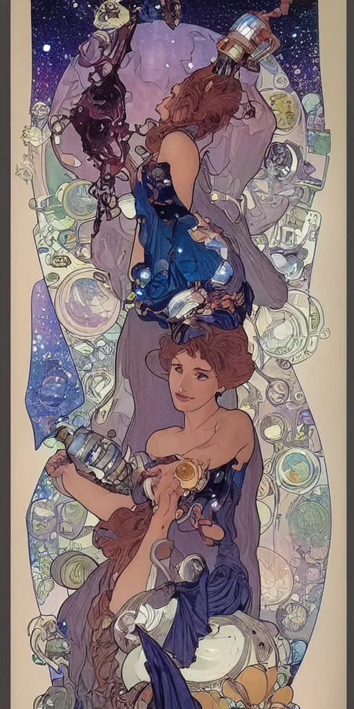 Image similar to a woman wearing outer space as a dress, pouring water from a vase into the milky way, by travis charest, by alphonse mucha, battle chasers.