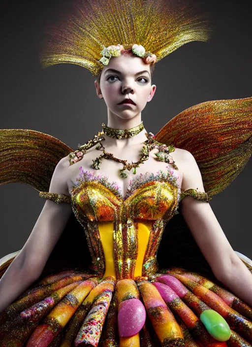 Image similar to expressive full body photo of anya taylor - joy, dress made of sweets and candies, glamour shot, by karol bak, stefan gesell, photorealistic, nikon d 4 x, fashion photography, hyper maximalist, elegant, ornate, luxury, elite, environmental portrait, symmetrical features, octane render, unreal engine, solid dark grey background, dramatic lights