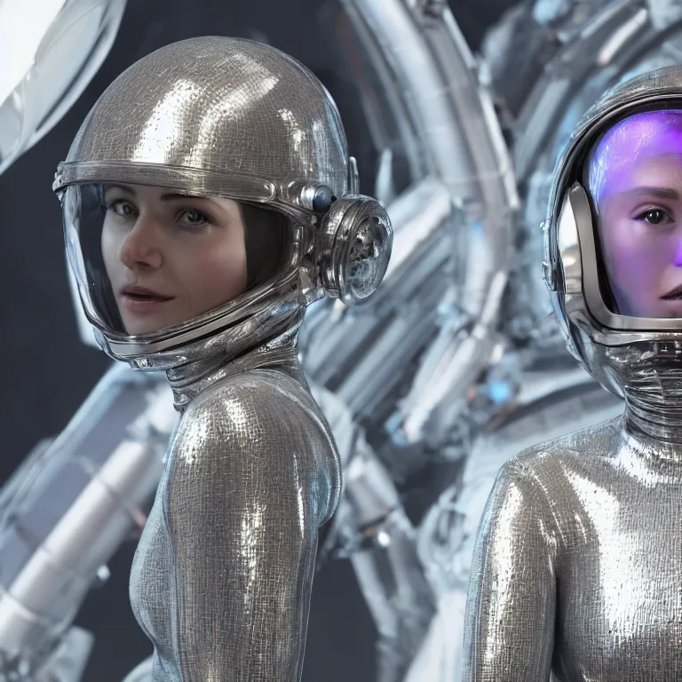 Image similar to octane render portrait by wayne barlow and carlo crivelli and glenn fabry, subject is a woman wearing a clear iridescent plastic and silver spacesuit with intricate colorful metal helmet, floating inside a futuristic black space station, cinema 4 d, ray traced lighting, very short depth of field, bokeh