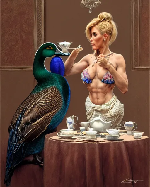 Image similar to Portrait of Jodie Marsh & a mallard & a pig having tea at the Ritz, real life skin, intricate, elegant, highly detailed, artstation, concept art, smooth, sharp focus, art by artgerm and greg rutkowski and alphonse mucha