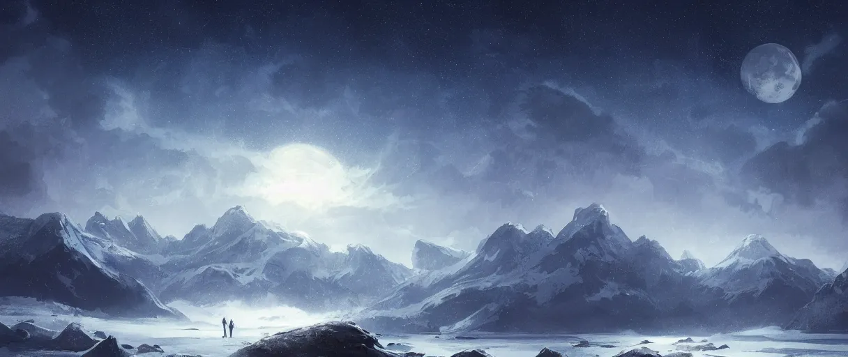 Image similar to snowy mountain range, stars in sky, whales swimming in sky, digital painting, concept art, high detail, style of Jordan Grimmer, fluffy calm clouds, matte painting, high res, moon shine, volumetric, starry sky