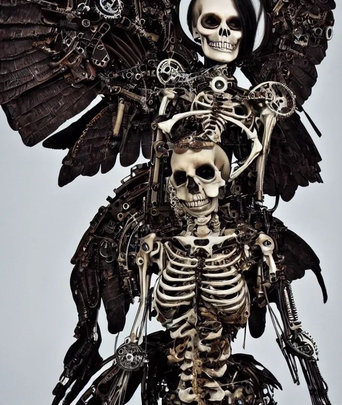 Prompt: Steampunk cyborg skeleton girl with mechanical dark wings ,highly detailded
