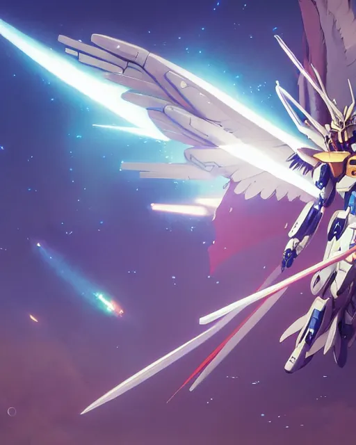 Image similar to highly detailed vfx portrait of an angelic gundam with wings of feathers beam saber fighting in space with a beam gun, unreal engine, greg rutkowski, loish, rhads, beeple, makoto shinkai and lois van baarle, ilya kuvshinov, rossdraws, tom bagshaw, alphonse mucha, global illumination, detailed and intricate environment