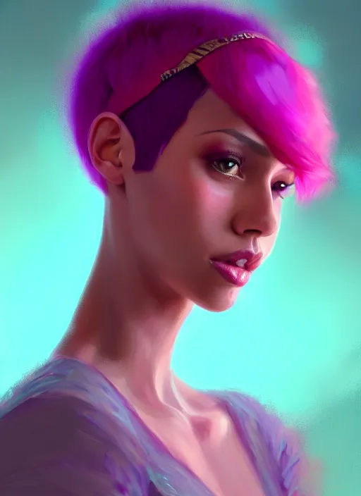 Image similar to portrait of vanessa morgan with bright pink hair, curly pixie cut hair, wearing a purple cap, breton cap, intricate, elegant, glowing lights, highly detailed, digital painting, artstation, concept art, smooth, sharp focus, illustration, art by wlop, mars ravelo and greg rutkowski