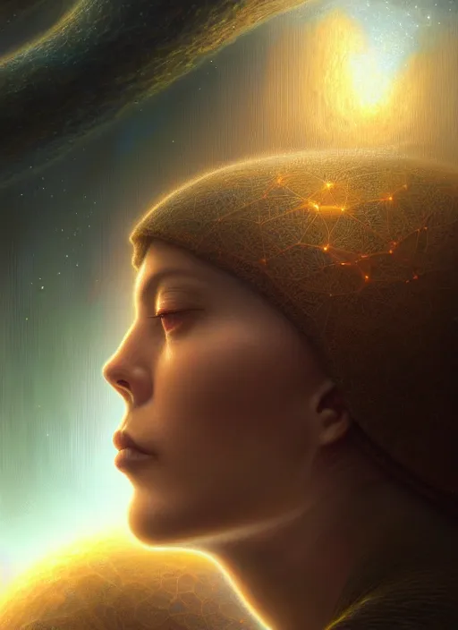 Image similar to closeup portrait shot of a meditation in space in a scenic dystopian environment, intricate, elegant, highly detailed, centered, digital painting, artstation, concept art, smooth, sharp focus, illustration, artgerm, tomasz alen kopera, peter mohrbacher, donato giancola, joseph christian leyendecker, wlop, boris vallejo