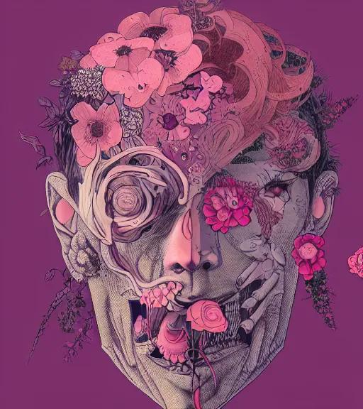 Prompt: portrait, nightmare anomalies, flowers by miyazaki, violet and pink palette, illustration, kenneth blom, mental alchemy, james jean, pablo amaringo, naudline pierre, contemporary art, hyper detailed