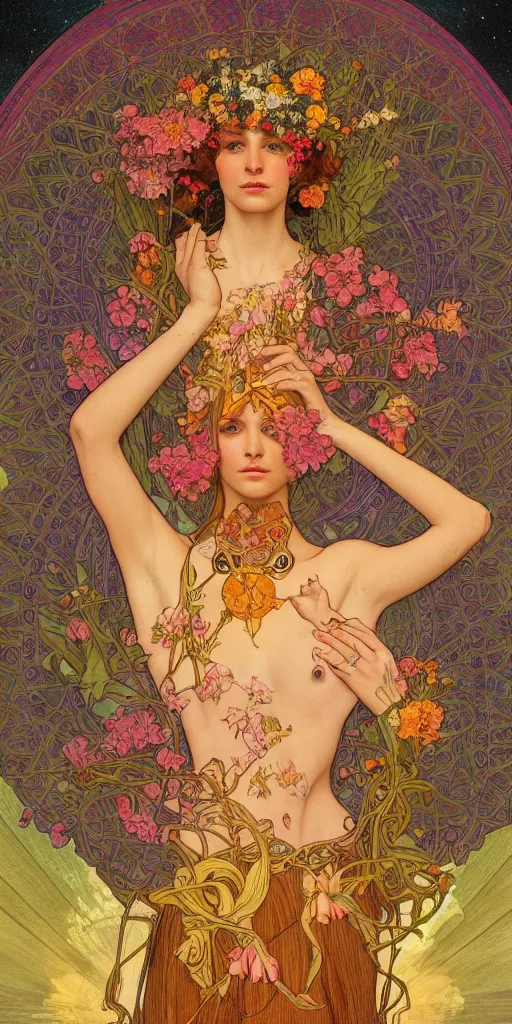 Image similar to a portrait painting of a singular beautiful female godess of spring, colorful flowers, holy geometry, tarot card style, by Mohrbacher and Moebius and Alphonse Mucha and Roger Deakins, cinematic lighting, masterpiece, golden ratio background, highly detailed, 8k resolution, trending on art station