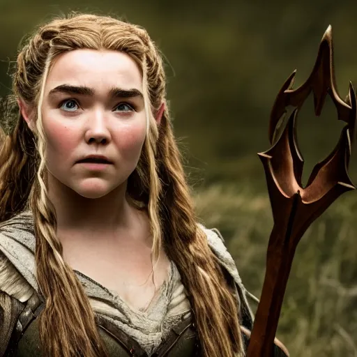 Prompt: first photos of 2 0 2 4 female lotr remake - florence pugh as gimli, ( eos 5 ds r, iso 1 0 0, f / 8, 1 / 1 2 5, 8 4 mm, postprocessed, crisp face, facial features )