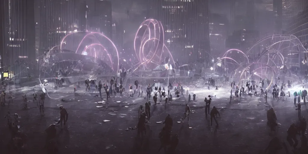 Prompt: policemen protecting a huge spiral - shaped bright white luminous attractor that is floating right in the center of the city from protesting people,, rain and light fog, professional lighting, concept art in 3 d, high detail, professional lighting, unreal engine